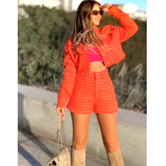 ZARA Hot Burnt Sienna Orange Spring Colour Chanel Vouge  Houndstooth Tweed NWT - Picture 15 of 15